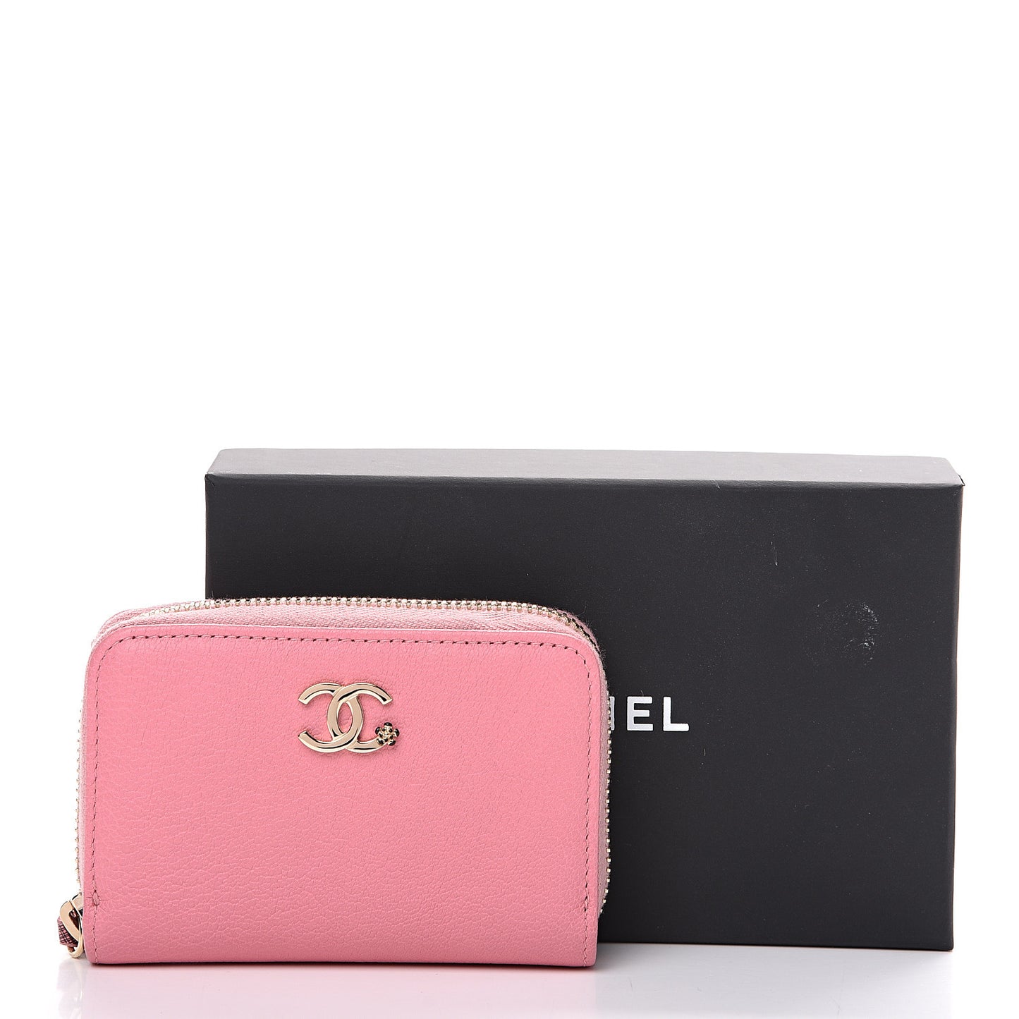 Goatskin Camellia Zip Coin Purse Pink