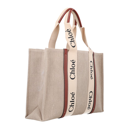 Chloe Cotton Calfskin Large Woody Ribbon Tote White Brown 2 of 9