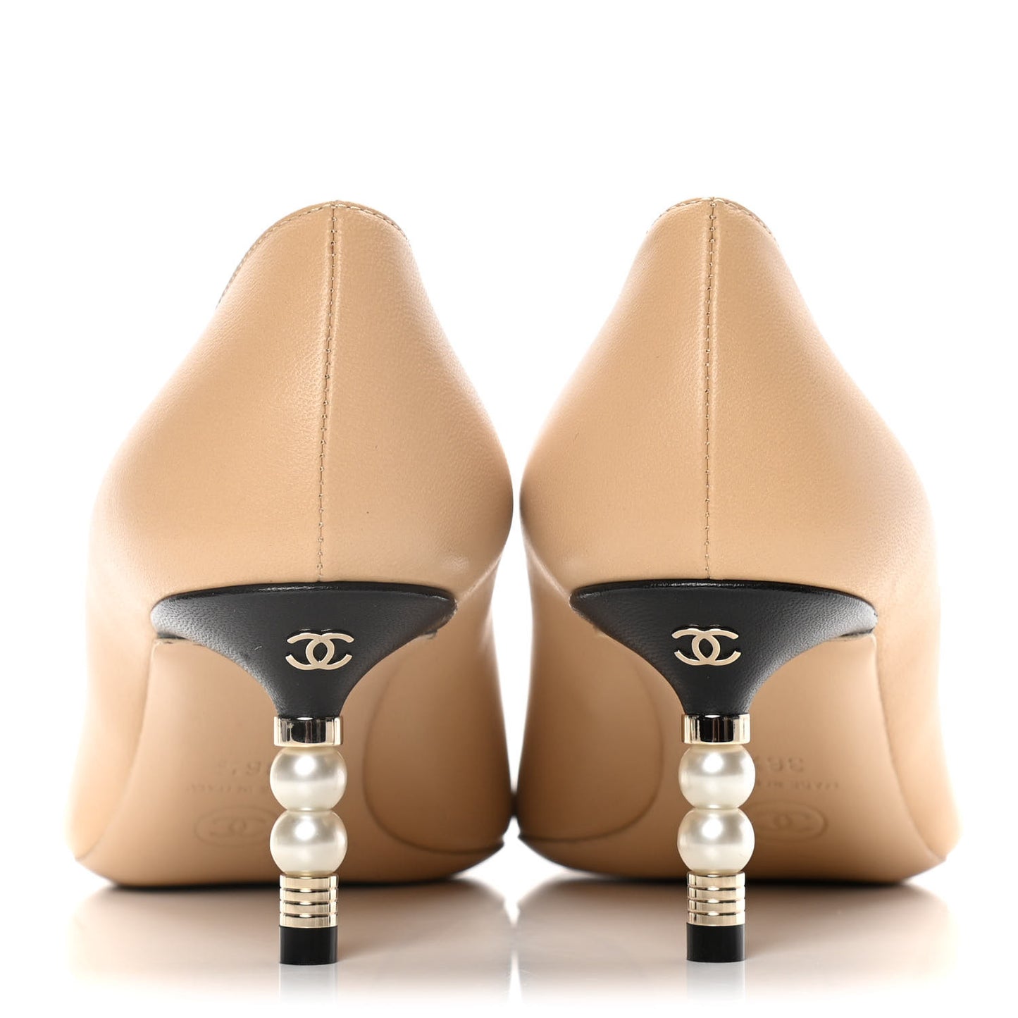 Lambskin Grosgrain Cap Toe CC Pearl Pumps 36.5 Beige Black