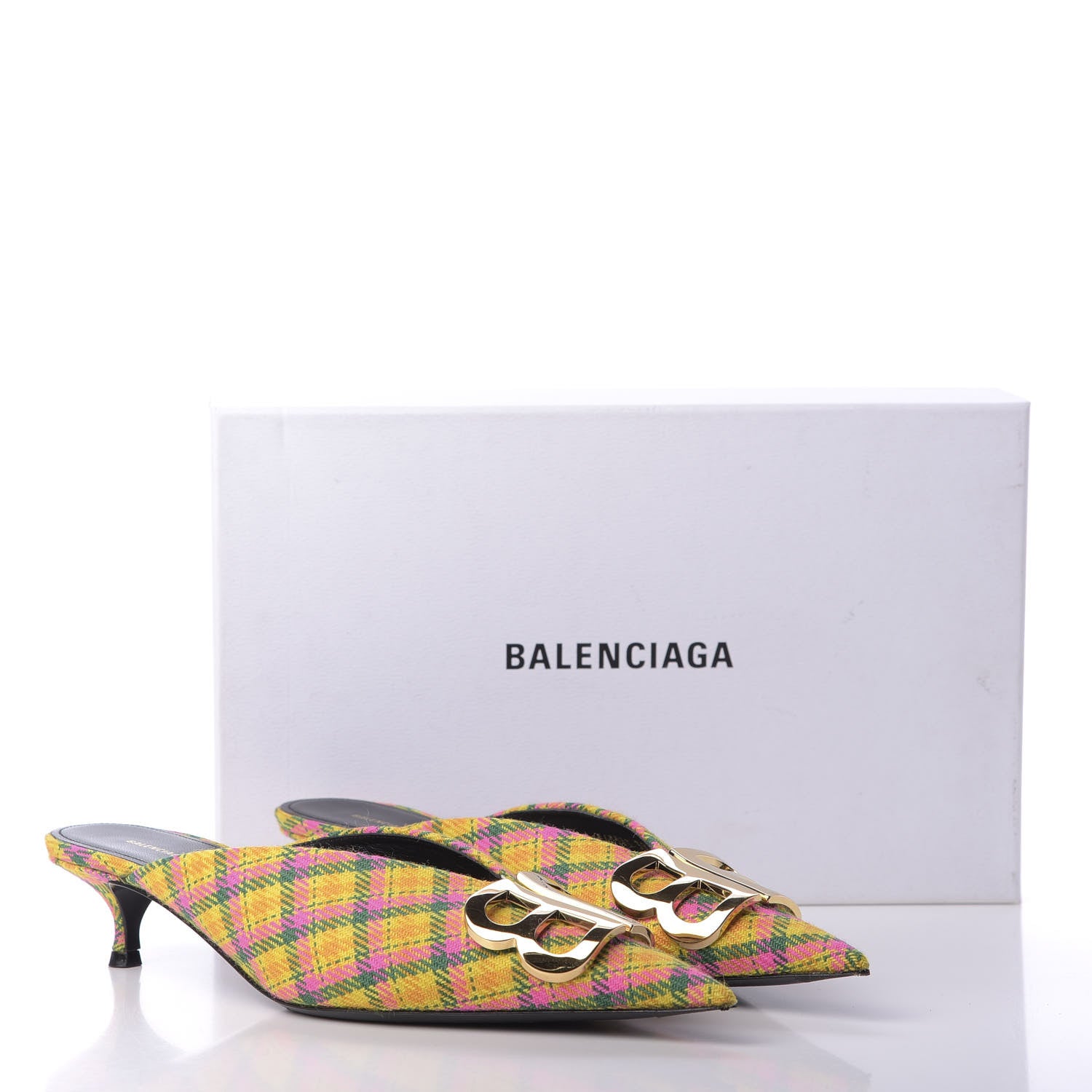 Balenciaga Tweed Plaid BB Knife Pointed Toe 40mm Mules 39 Jaune Rose Fluo 10 of 10