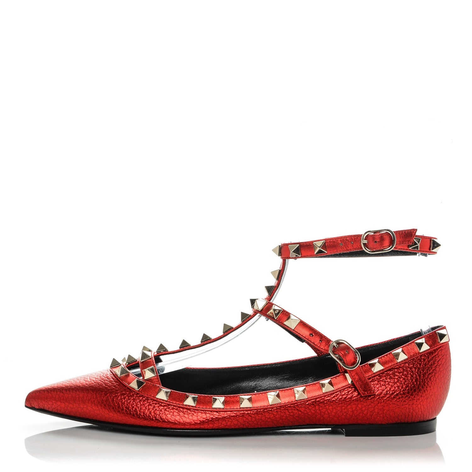Valentino Garavani Metallic Pebbled Calfskin Rockstud Cage Ballerina Flats 37.5 Rosso Valentino 1 of 8