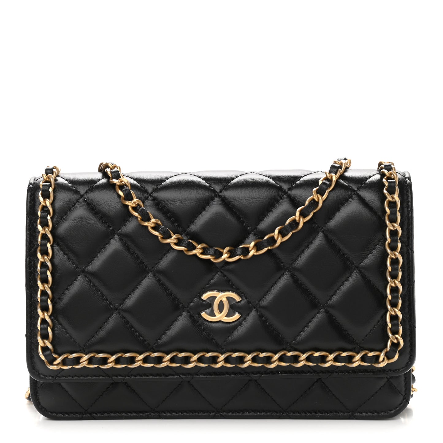 Lambskin Quilted Chain Around Wallet On Chain WOC Black