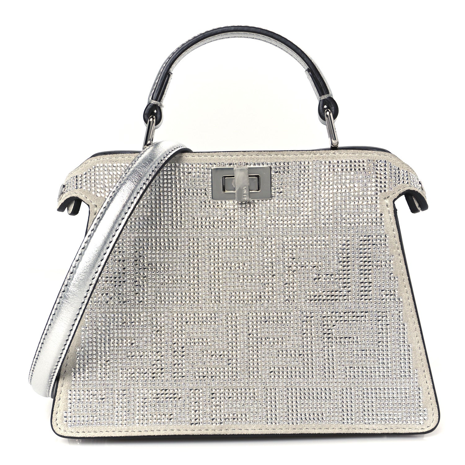 Fendi Crystal Vitello Laminato FF Petite Peekaboo I SEE U Satchel Crystal Argento 1 of 14