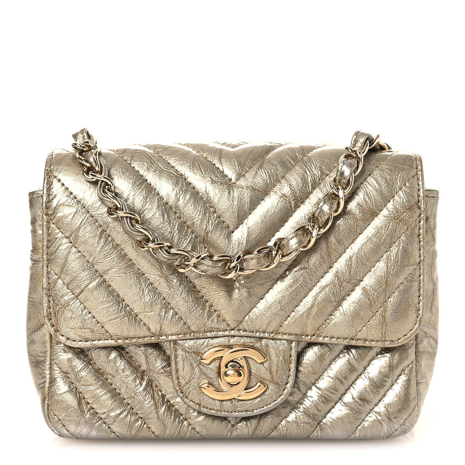 Chanel Metallic Crumpled Calfskin Chevron Quilted Mini Square Flap Gold 1 of 12