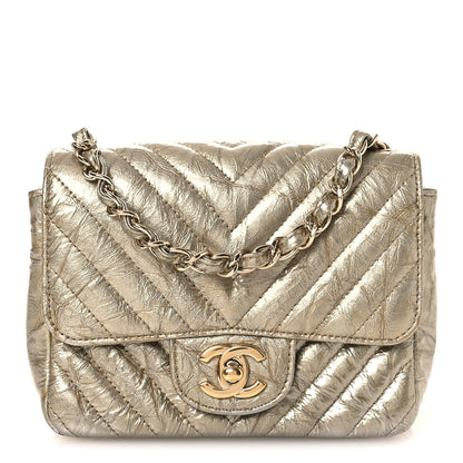 Chanel Metallic Crumpled Calfskin Chevron Quilted Mini Square Flap Gold 1 of 12