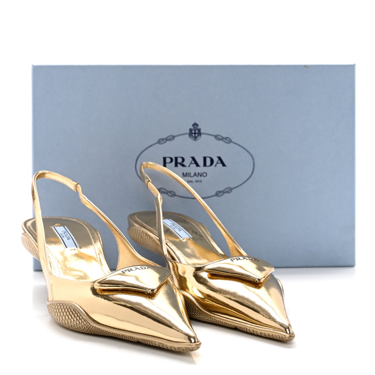 Spazzolato Triangle Logo Pointed Toe 45mm Slingback Pumps 38 Platino