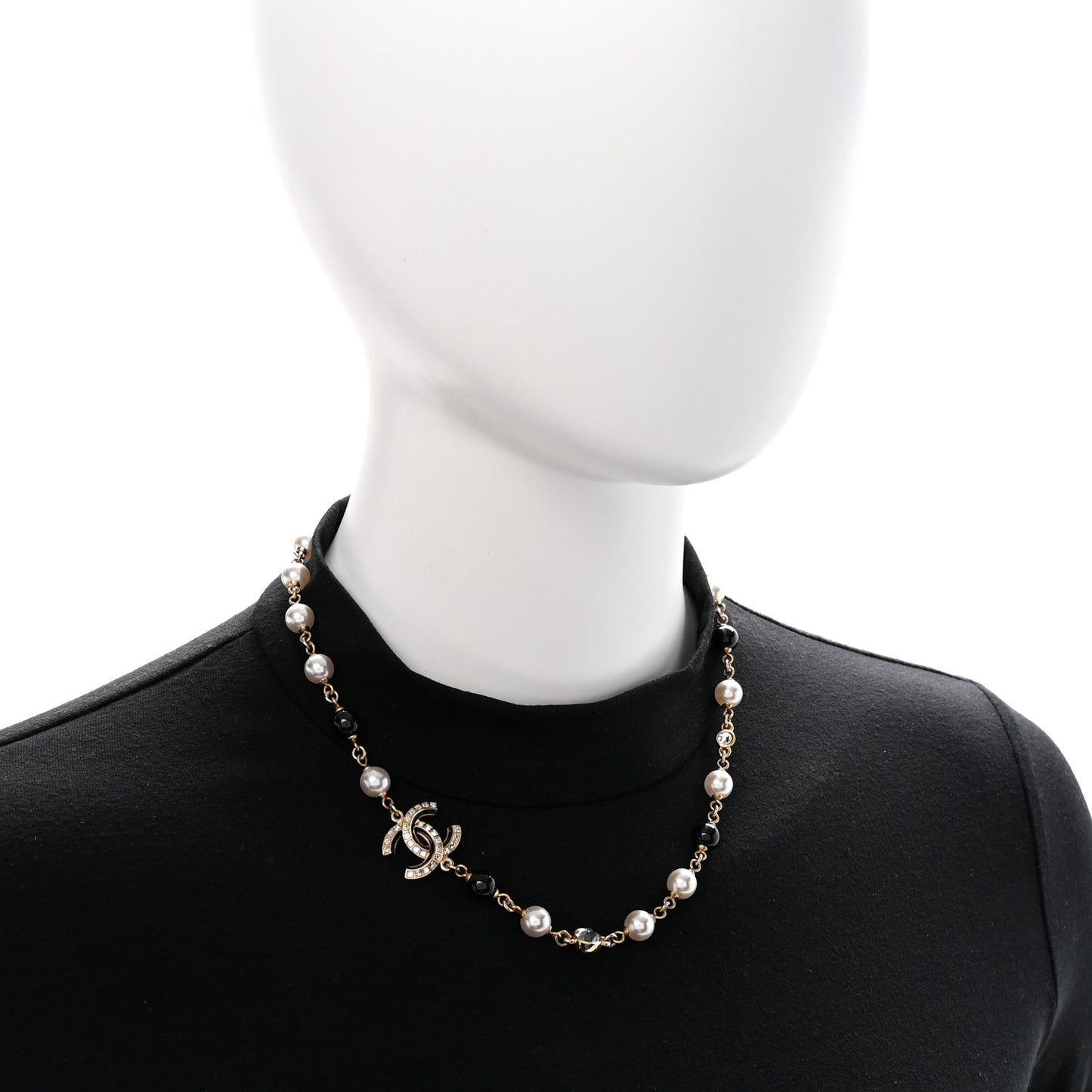 Pearl Baguette Crystal Enamel CC Short Necklace Gold Black