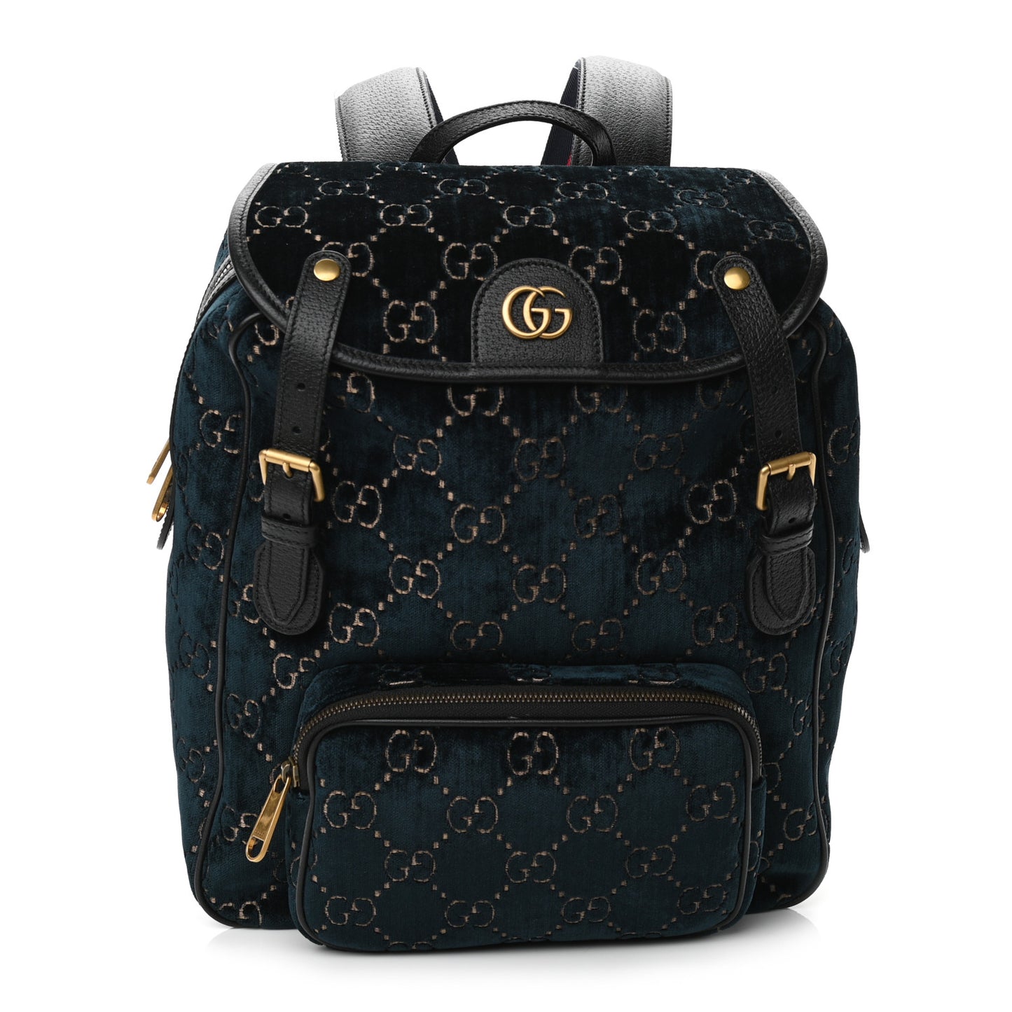 Velvet GG Monogram Textured Calfskin Web Small Double Buckle Backpack Blue Beige Black