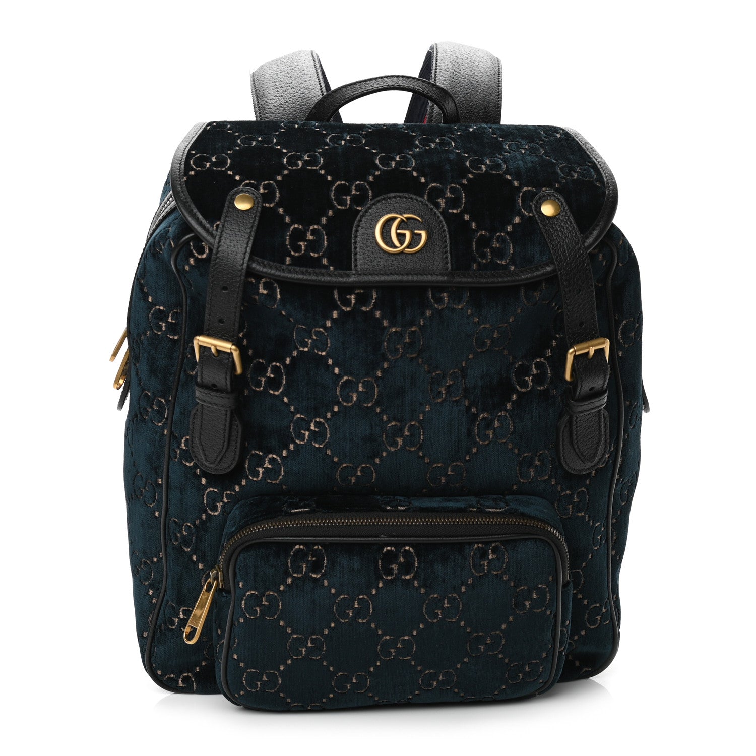 Gucci Velvet GG Monogram Textured Calfskin Web Small Double Buckle Backpack Blue Beige Black 1 of 11