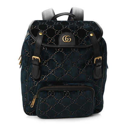 Gucci Velvet GG Monogram Textured Calfskin Web Small Double Buckle Backpack Blue Beige Black 1 of 11
