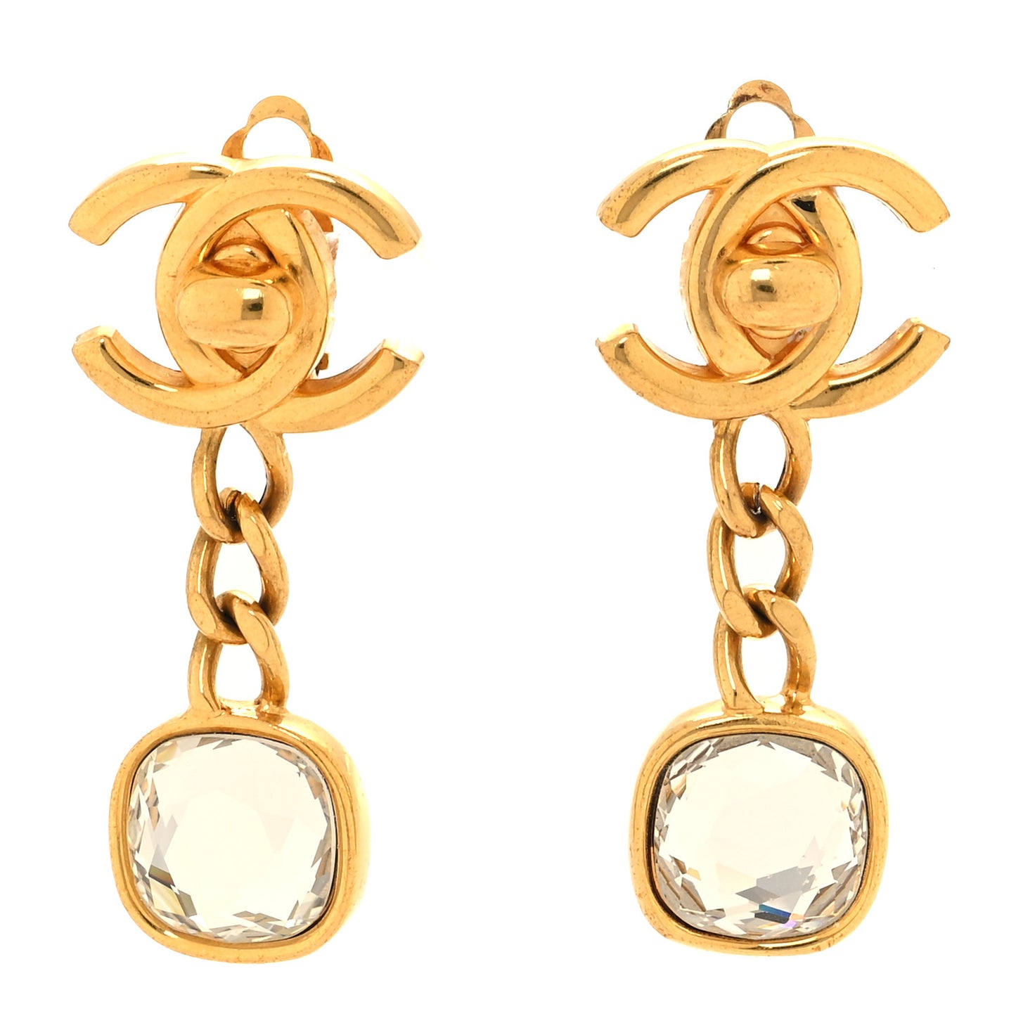 Metal Crystal CC Turnlock Chain Drop Earrings Gold
