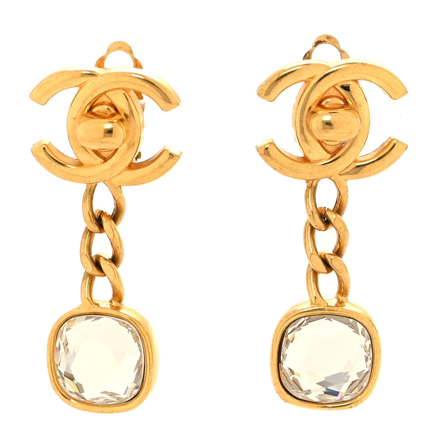 Chanel Metal Crystal CC Turnlock Chain Drop Earrings Gold 1 of 4