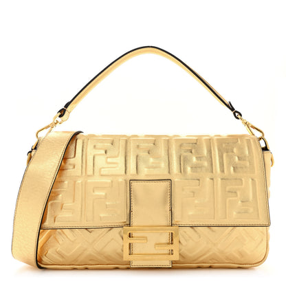 Fendi Vitello Catalan Mirror FF 1974 Embossed Large Baguette Gold 1 of 12
