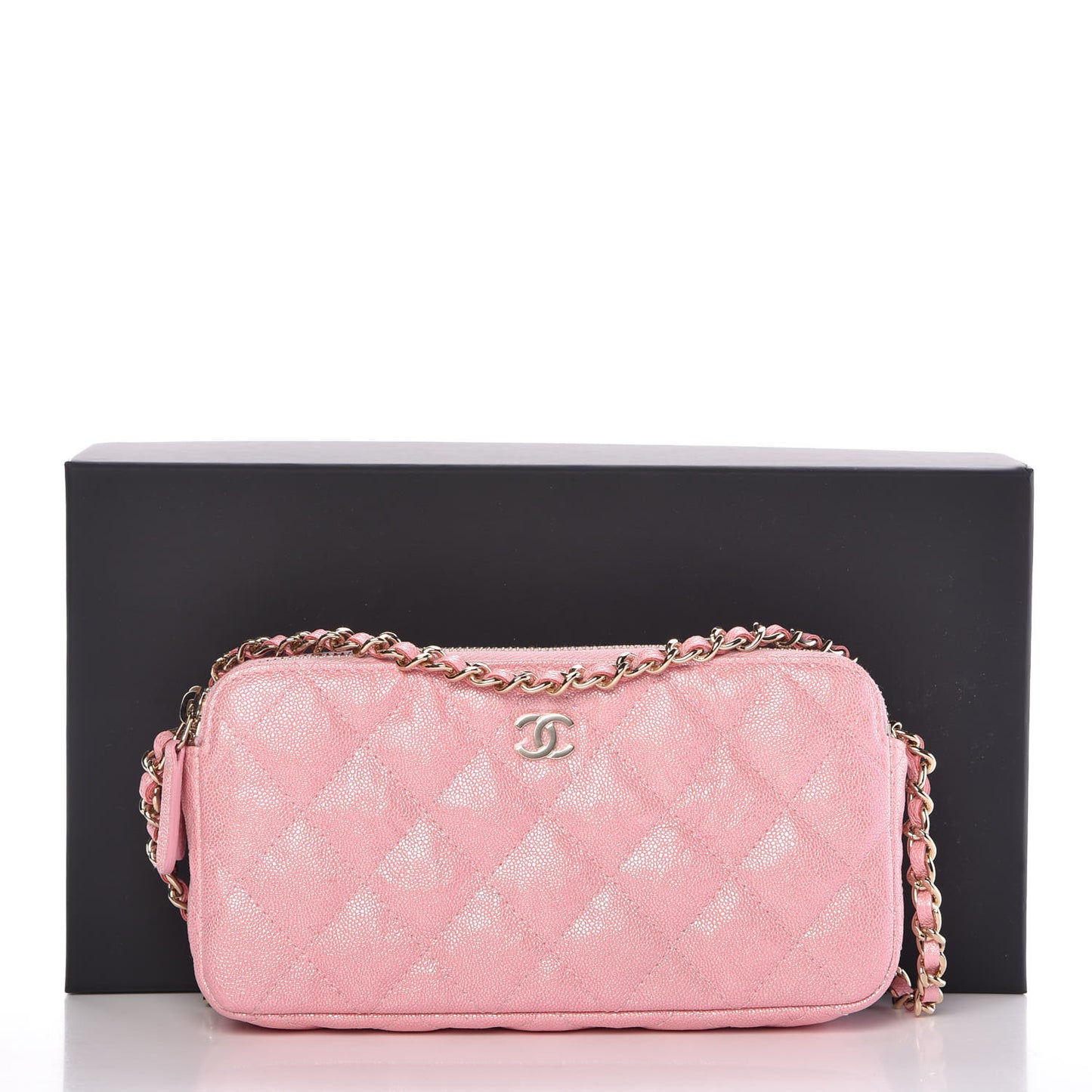 Iridescent Caviar Quilted Clutch With Chain Rose