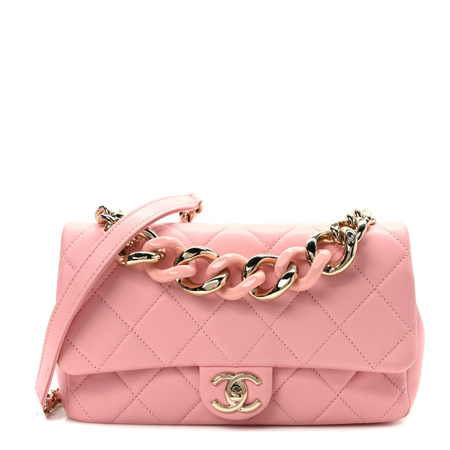 Lambskin Quilted Resin Bi-Color Chain Flap Bag Pink