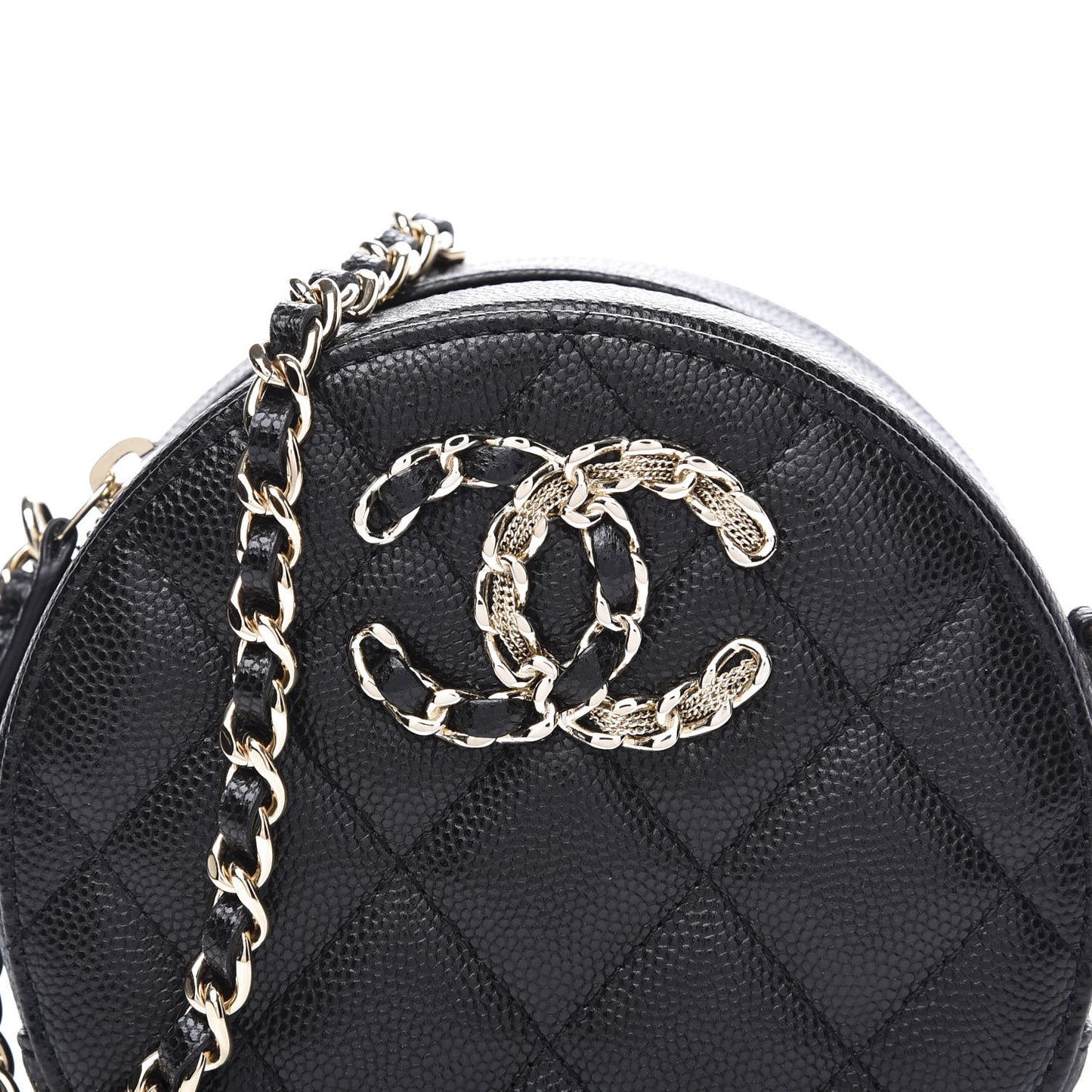 Caviar Quilted French New Wave Round Clutch With Chain Black