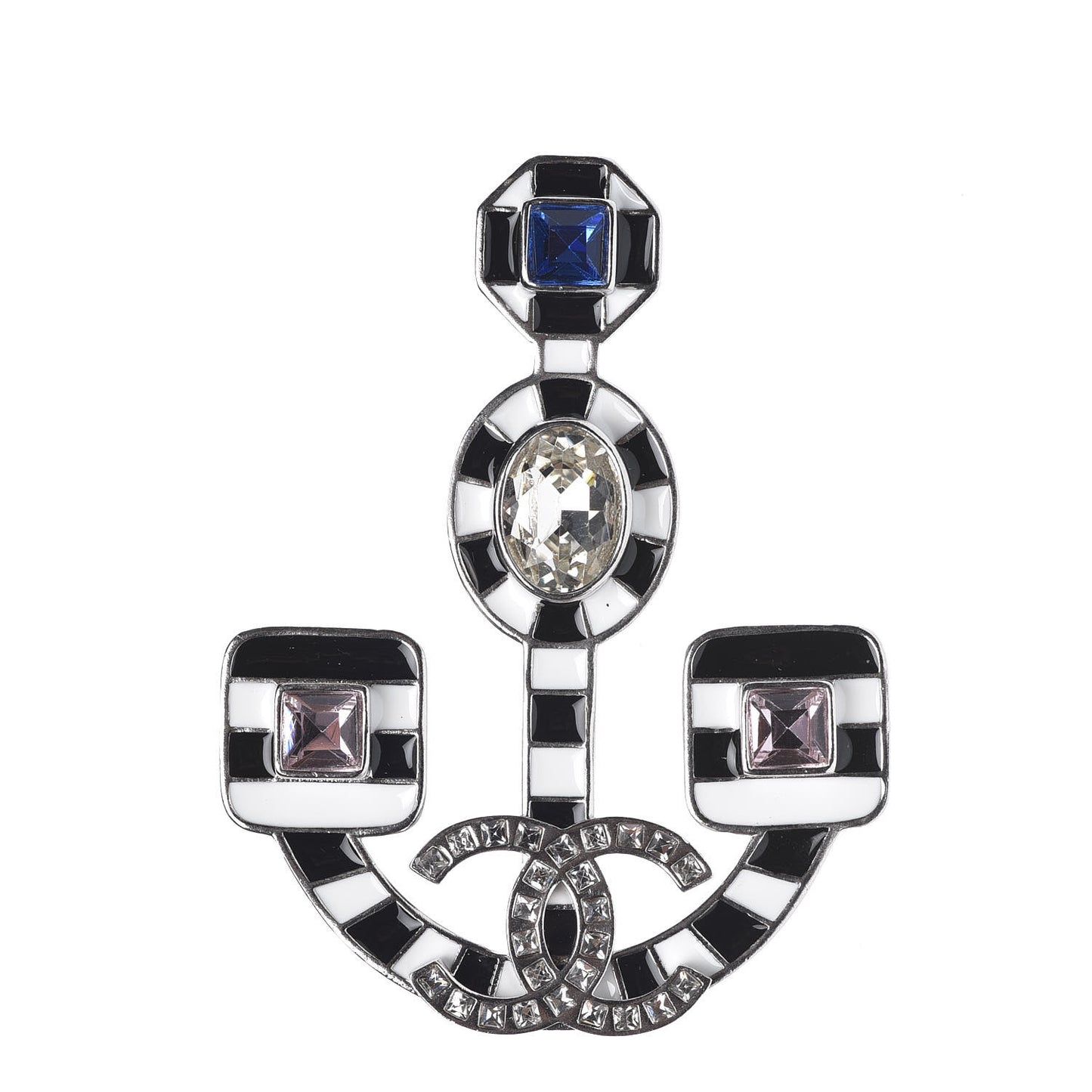 Crystal Enamel Anchor Brooch White Black