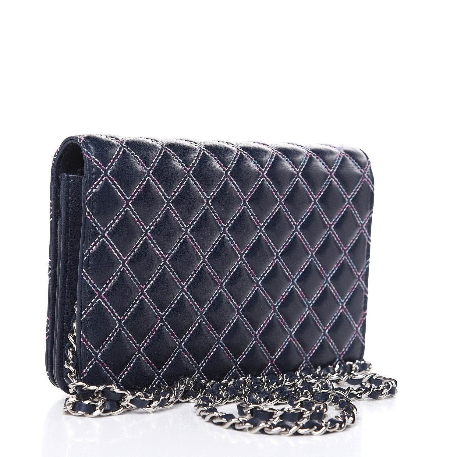 Chanel Lambskin Double Quilted Stitch Wallet On Chain WOC Navy Blue 3 of 14
