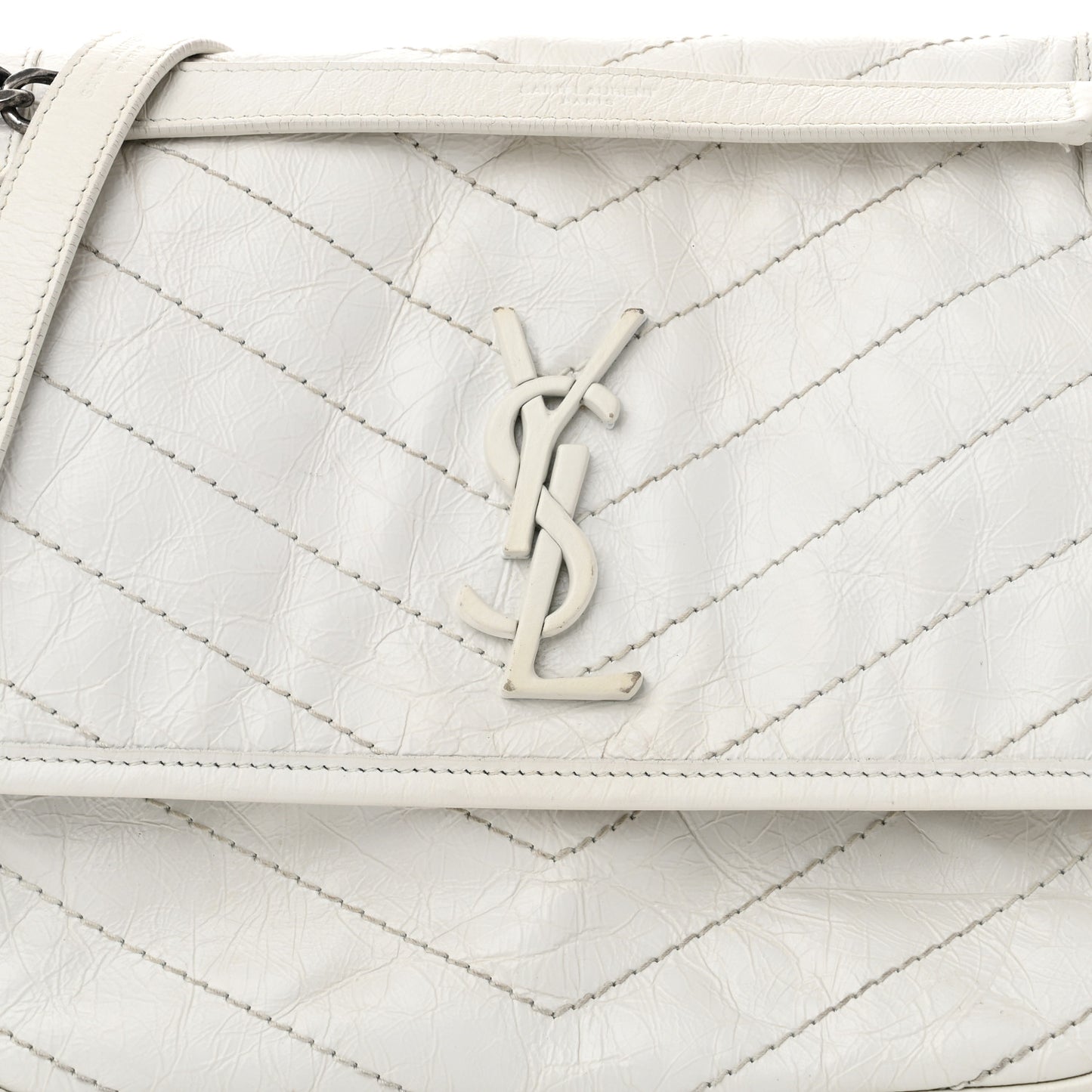 Crinkled Calfskin Matelasse Monogram Medium Niki Chain Satchel Ivory