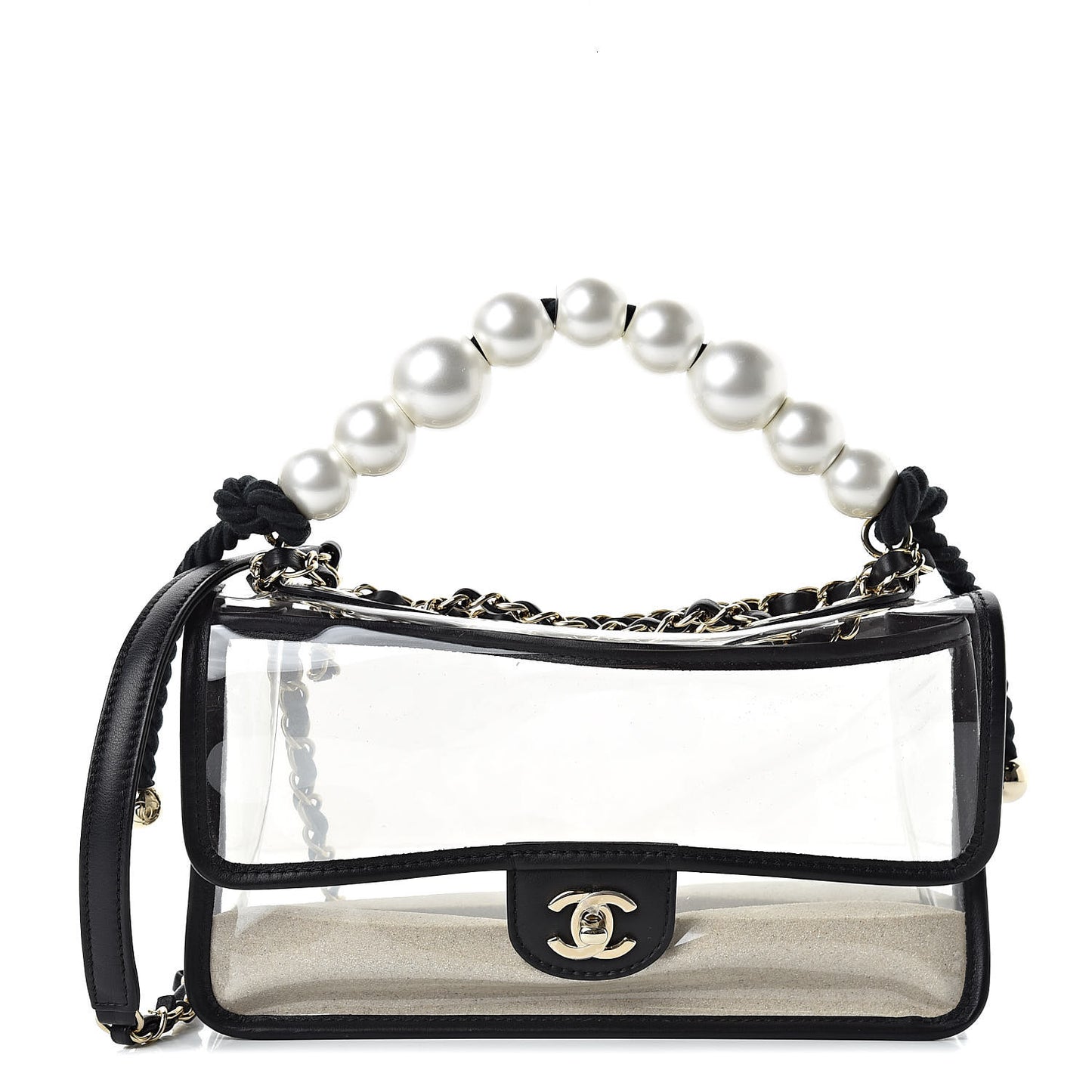 Lambskin PVC Sand By The Sea Flap With Pearl Strap Black