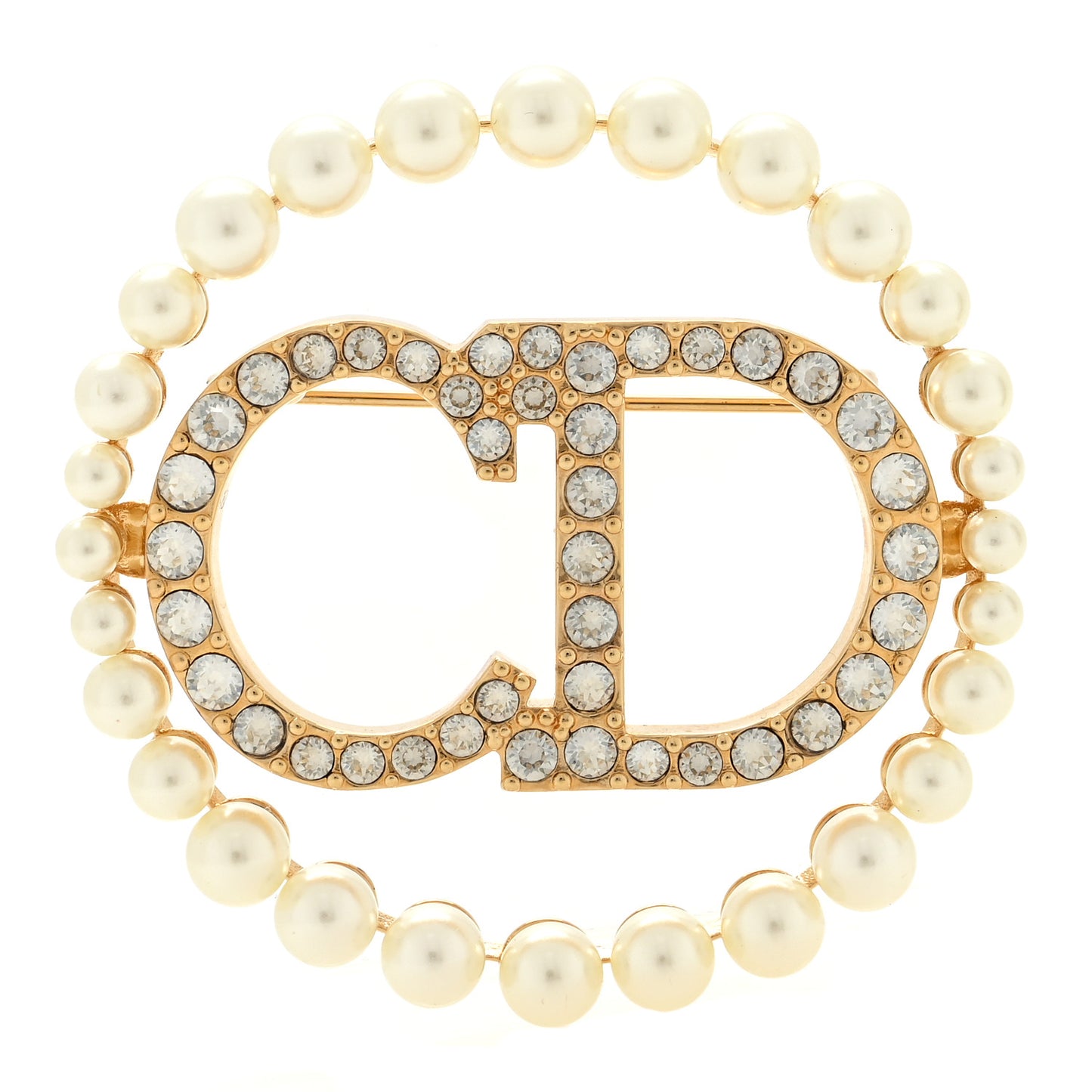 Crystal Pearl CD Logo Brooch Gold