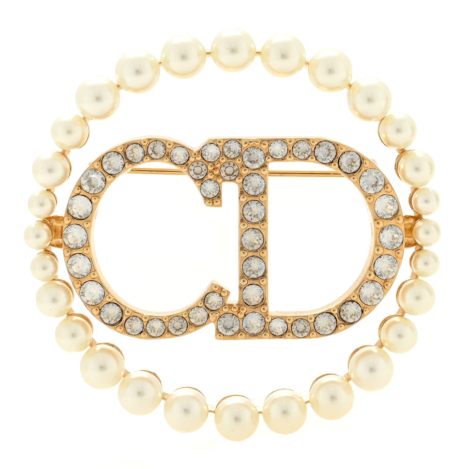 Christian Dior Crystal Pearl CD Logo Brooch Gold 1 of 3