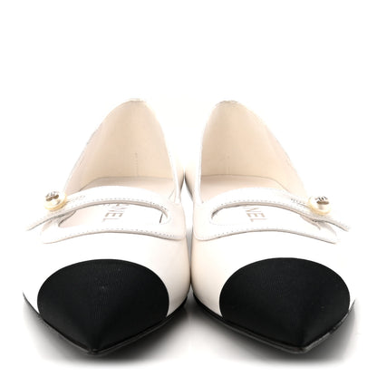 Chanel Shiny Lambskin Grosgrain Pearl Mary Janes Flats 37.5 White Black 3 of 10