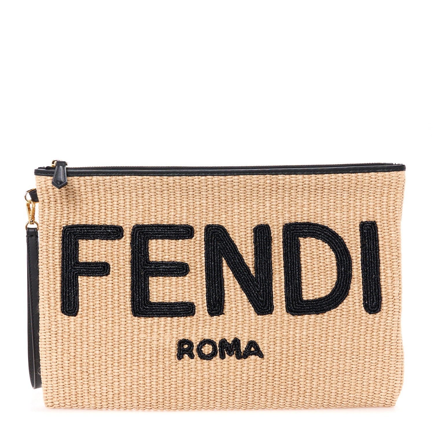 Fendi Straw Vitello King Logo Woven Large Flat Pouch Paglia Black 1 of 7