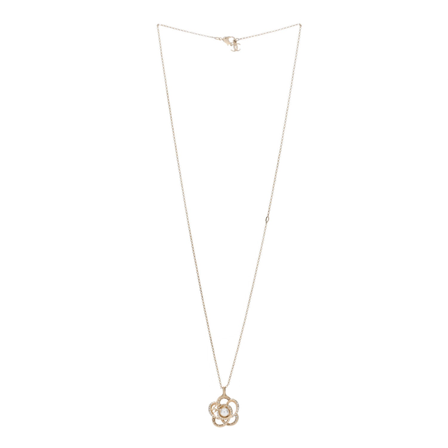 Chanel Crystal Pearl Camellia Necklace Gold 2 of 4