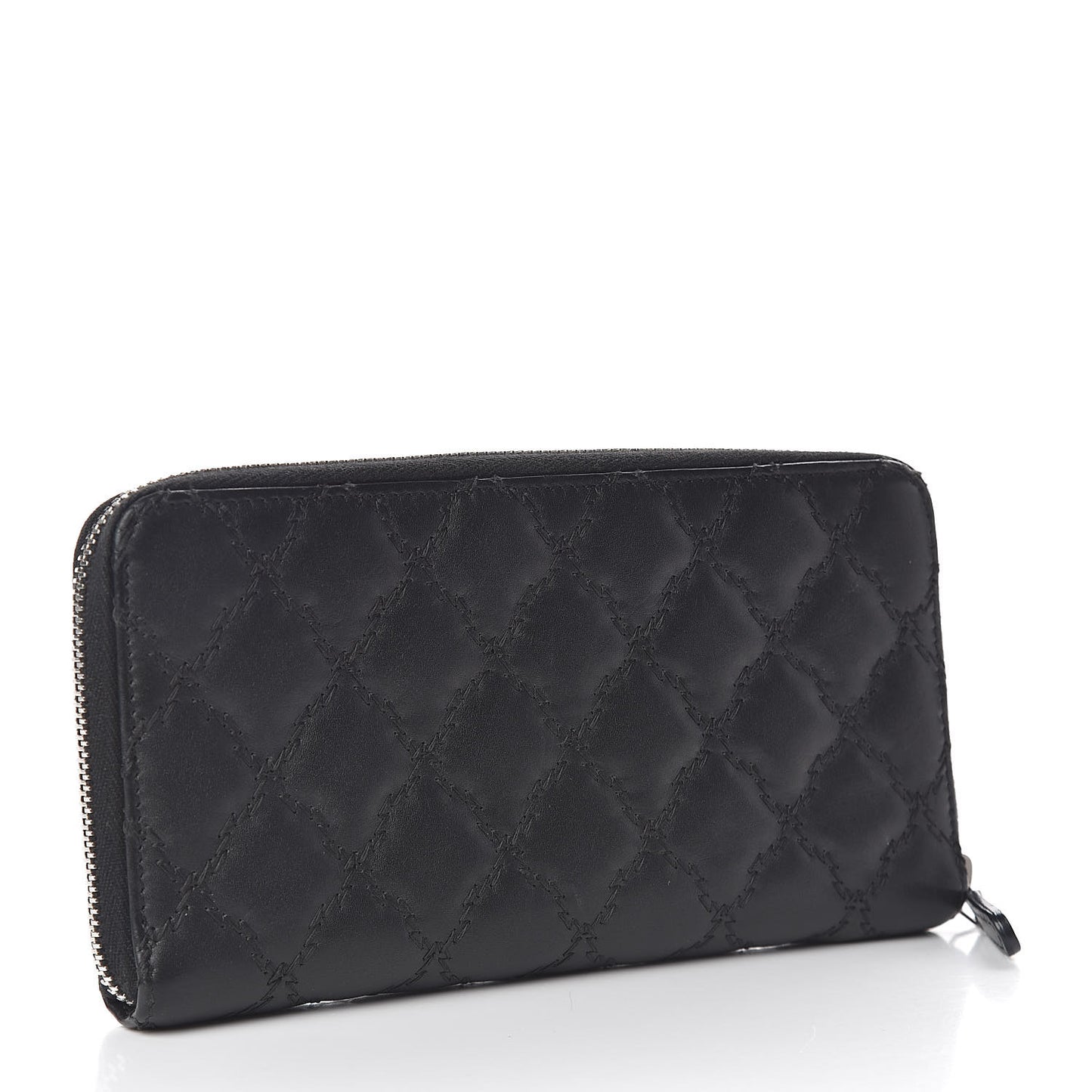 Calfskin Double Stitch Hamptons Zip Around Wallet Black