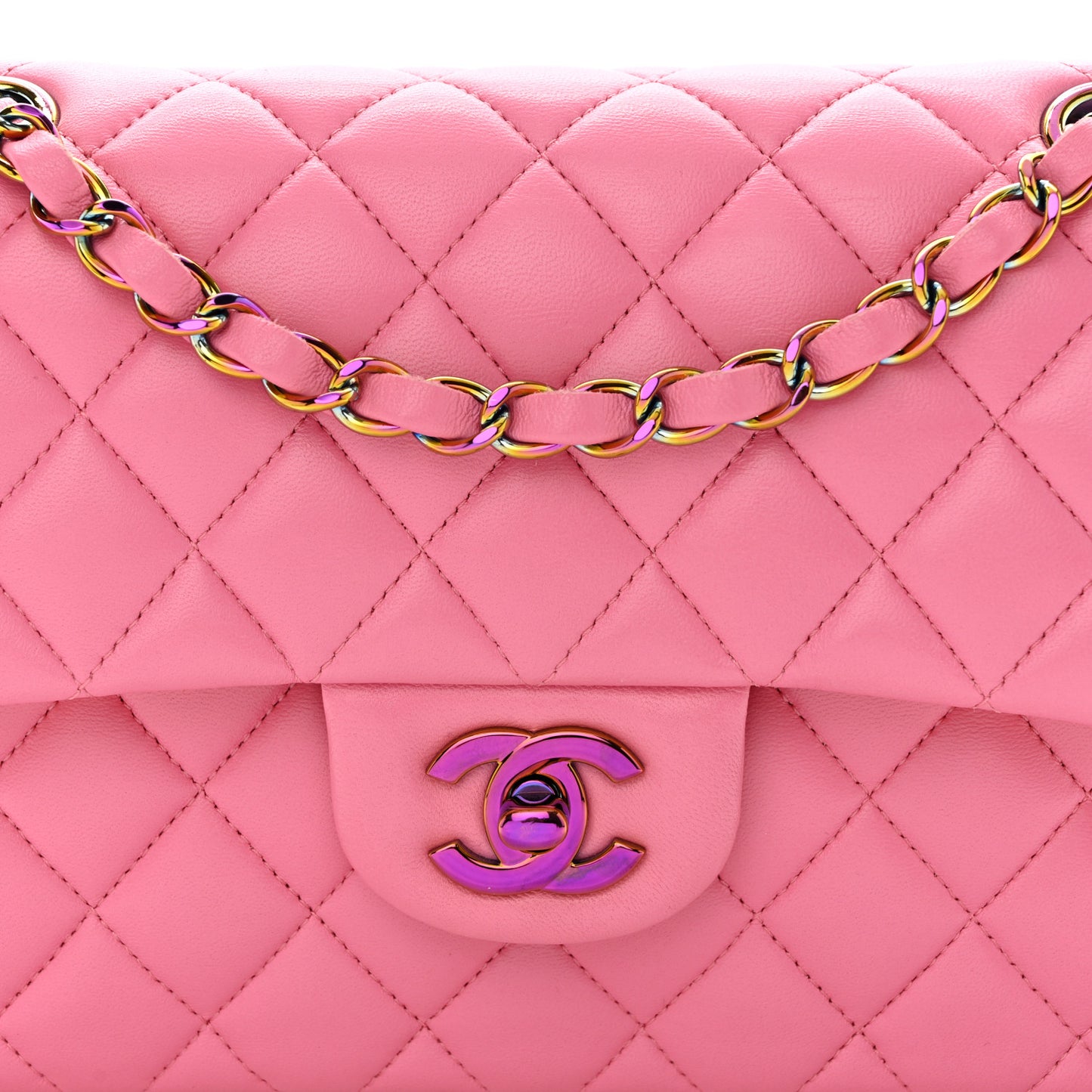 Lambskin Quilted Small Double Flap Pink Yellow