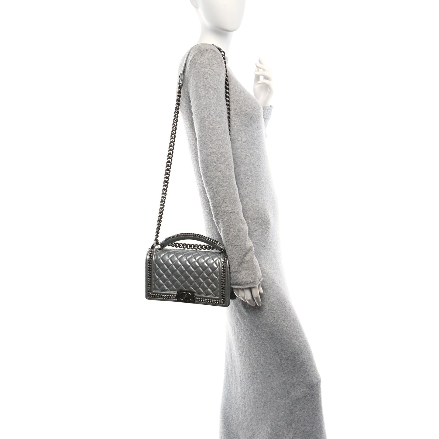 Metallic Calfskin Quilted Medium Top Handle Boy Flap Silver