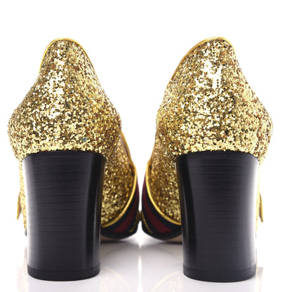 Gucci Glitter Nappa Web Peyton 75mm Loafer Pumps 37 Oro Vecchio 7 of 11