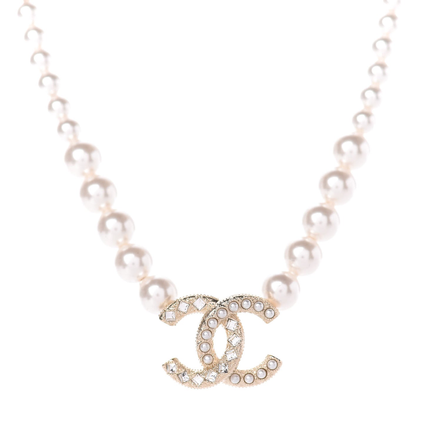 Pearl Crystal Chain CC Necklace Gold