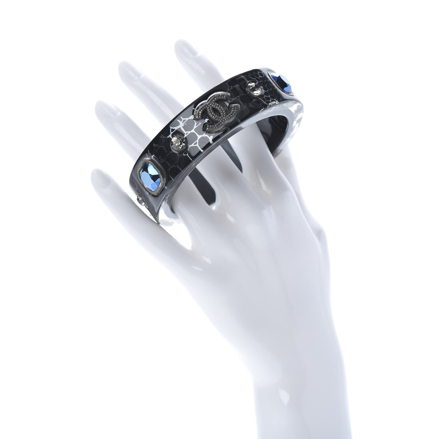 Chanel Resin Crystal CC Bangle Bracelet Black Blue 2 of 4