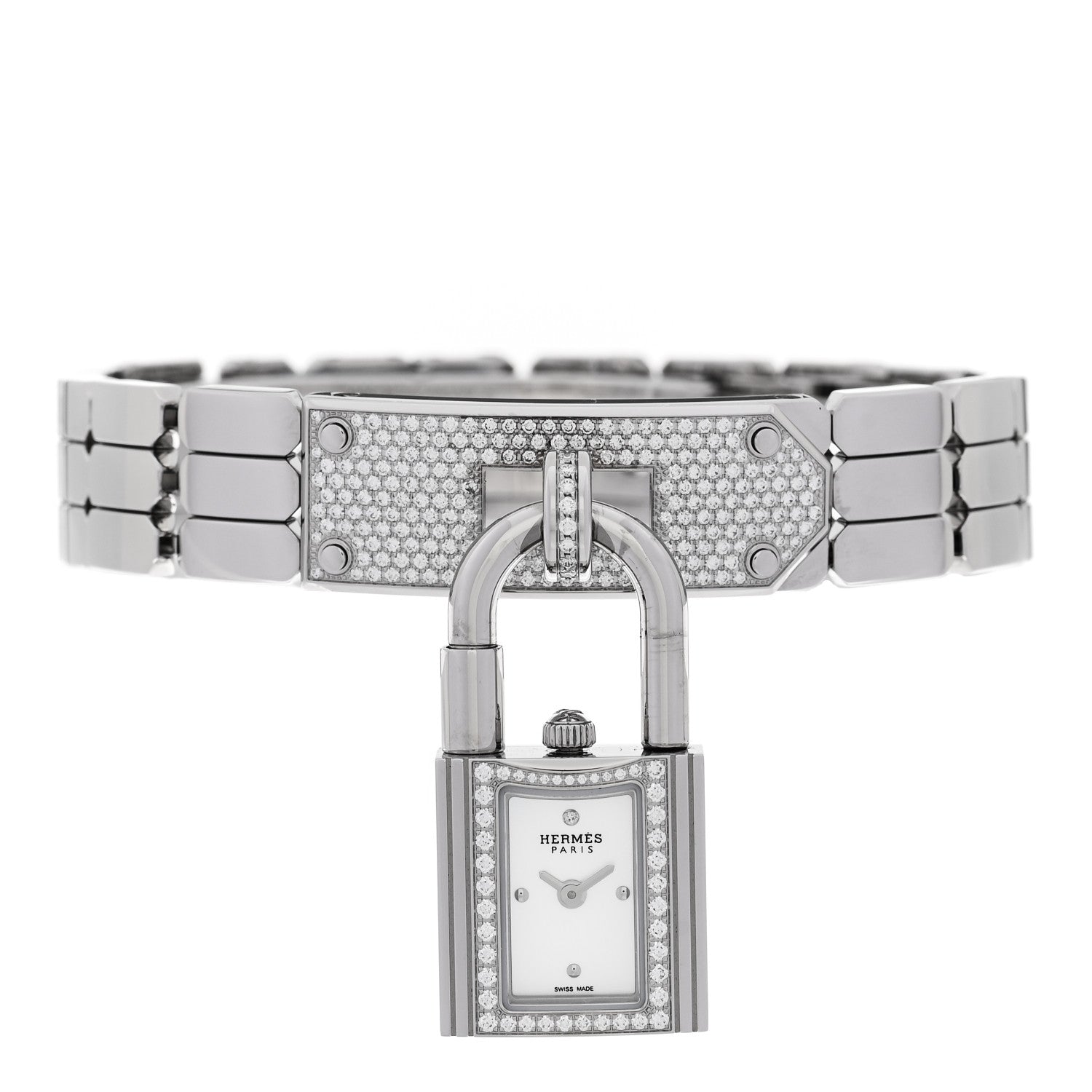 Hermes Stainless Steel Diamond Pave 16mm Kelly Quartz Watch 2 of 6