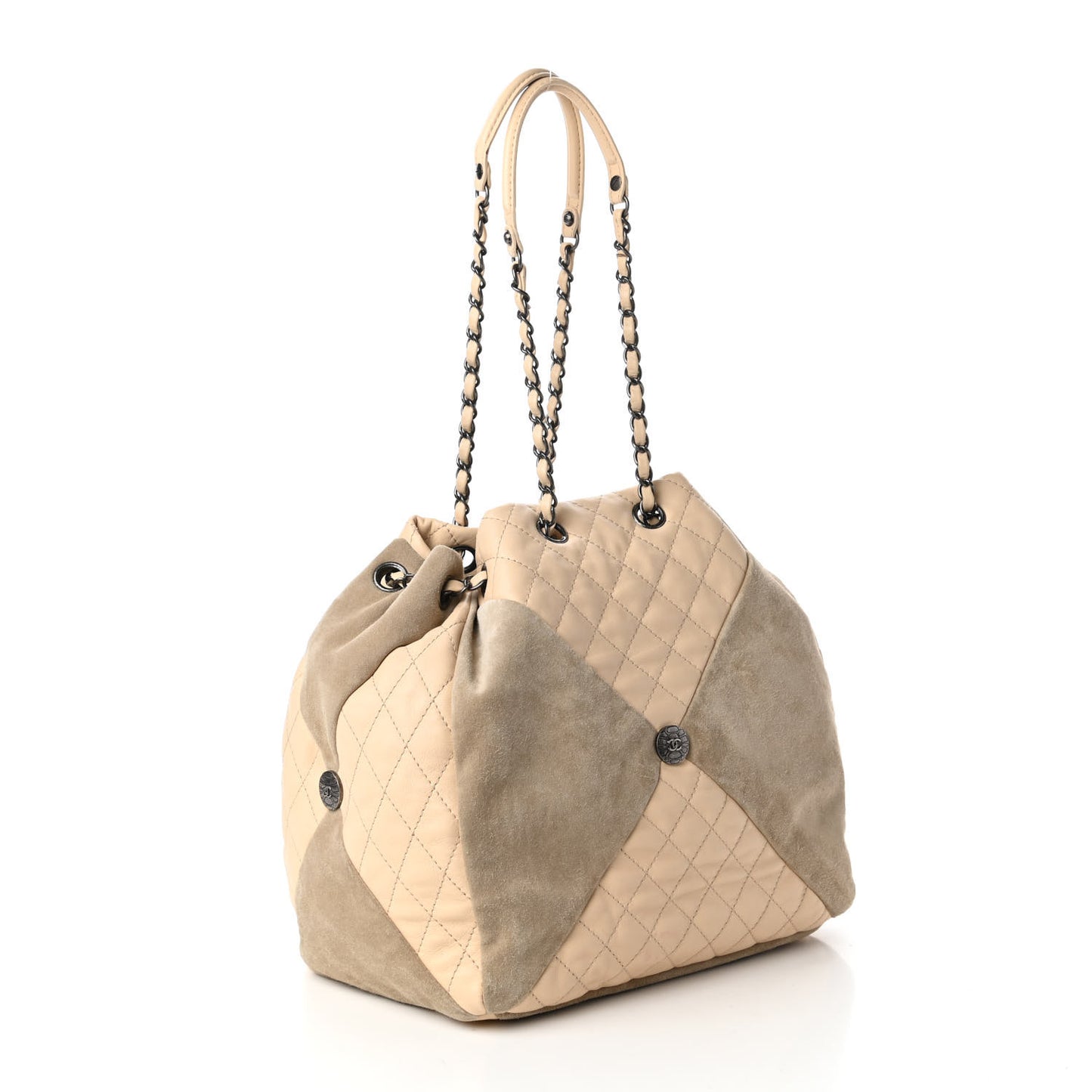 Calfskin Suede Quilted Patchwork Drawstring Bag Beige