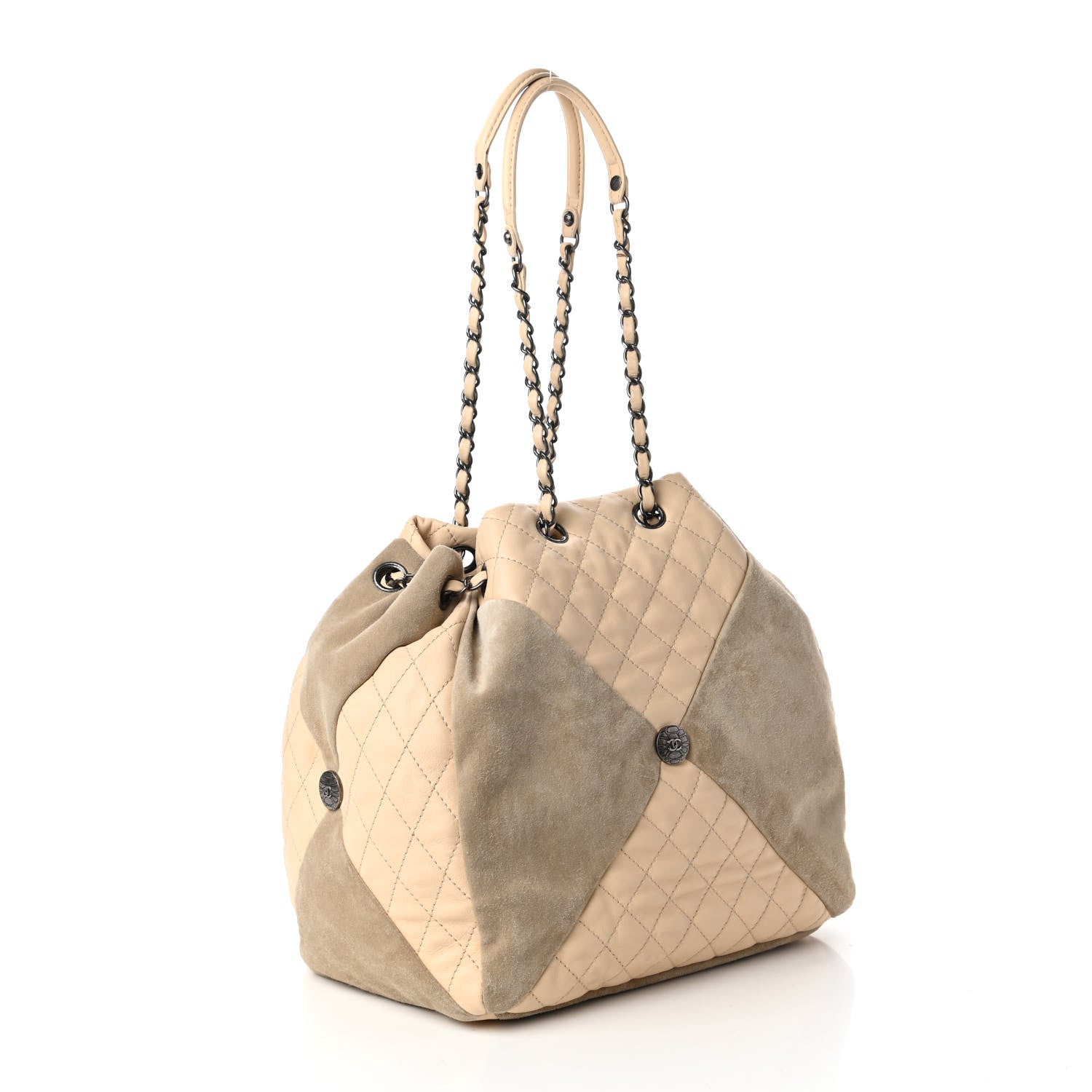 Chanel Calfskin Suede Quilted Patchwork Drawstring Bag Beige 3 of 11