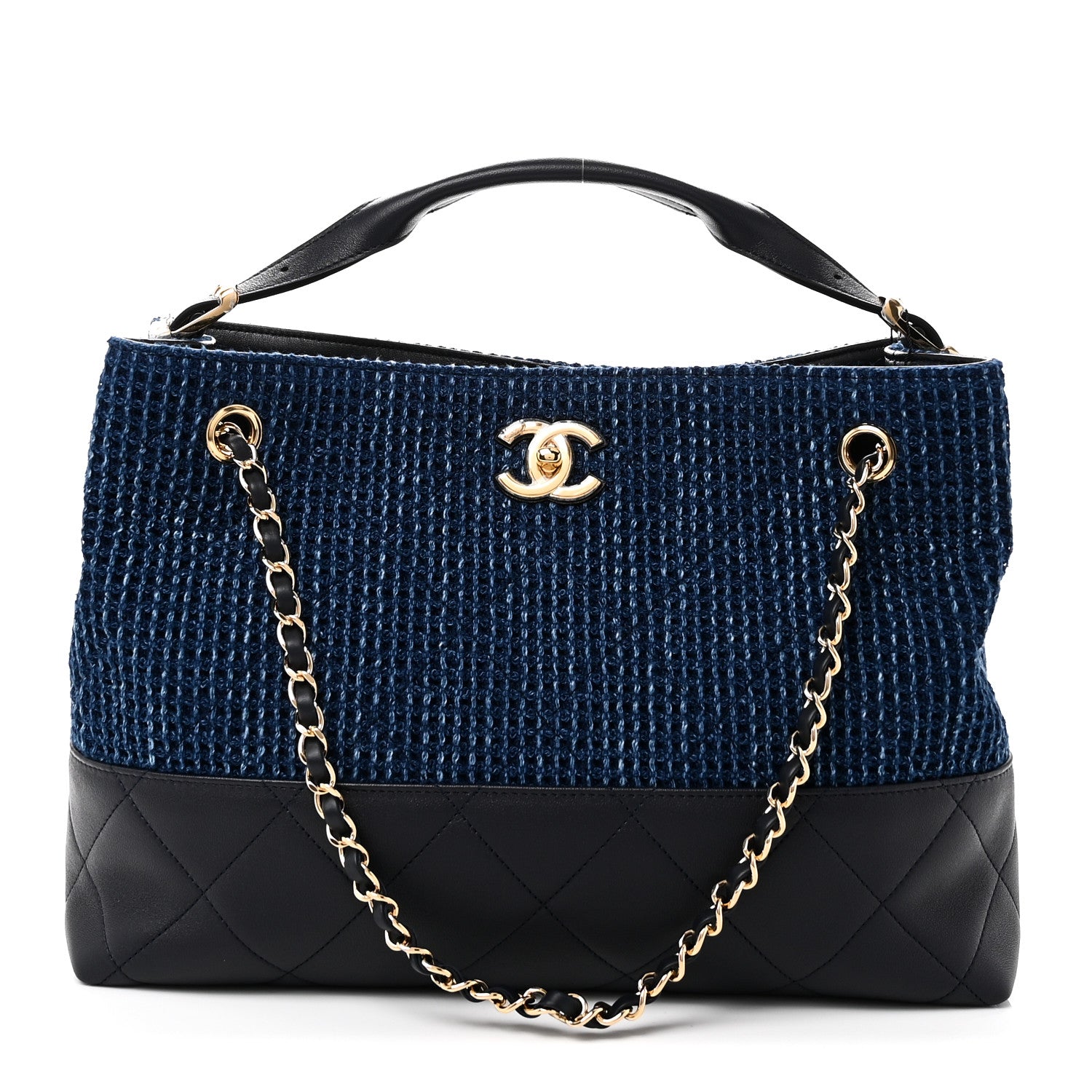 CHANEL ネイビー キルティング バッグ Chanel Tweed Shiny Lambskin Quilted Coco Base Small Shopping Bag