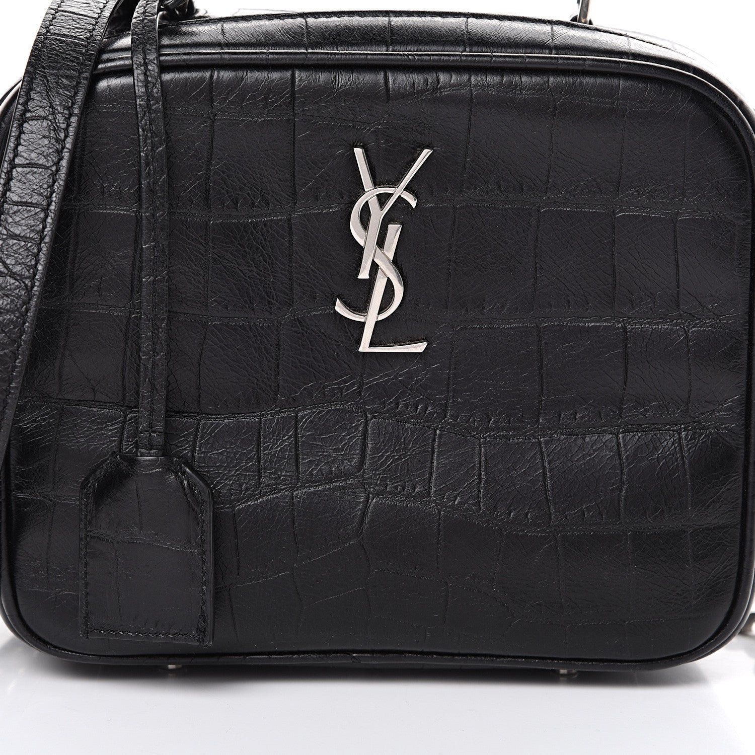 Saint Laurent Calfskin Crocodile Embossed Monogram Lunch Box Bag Black 10 of 15