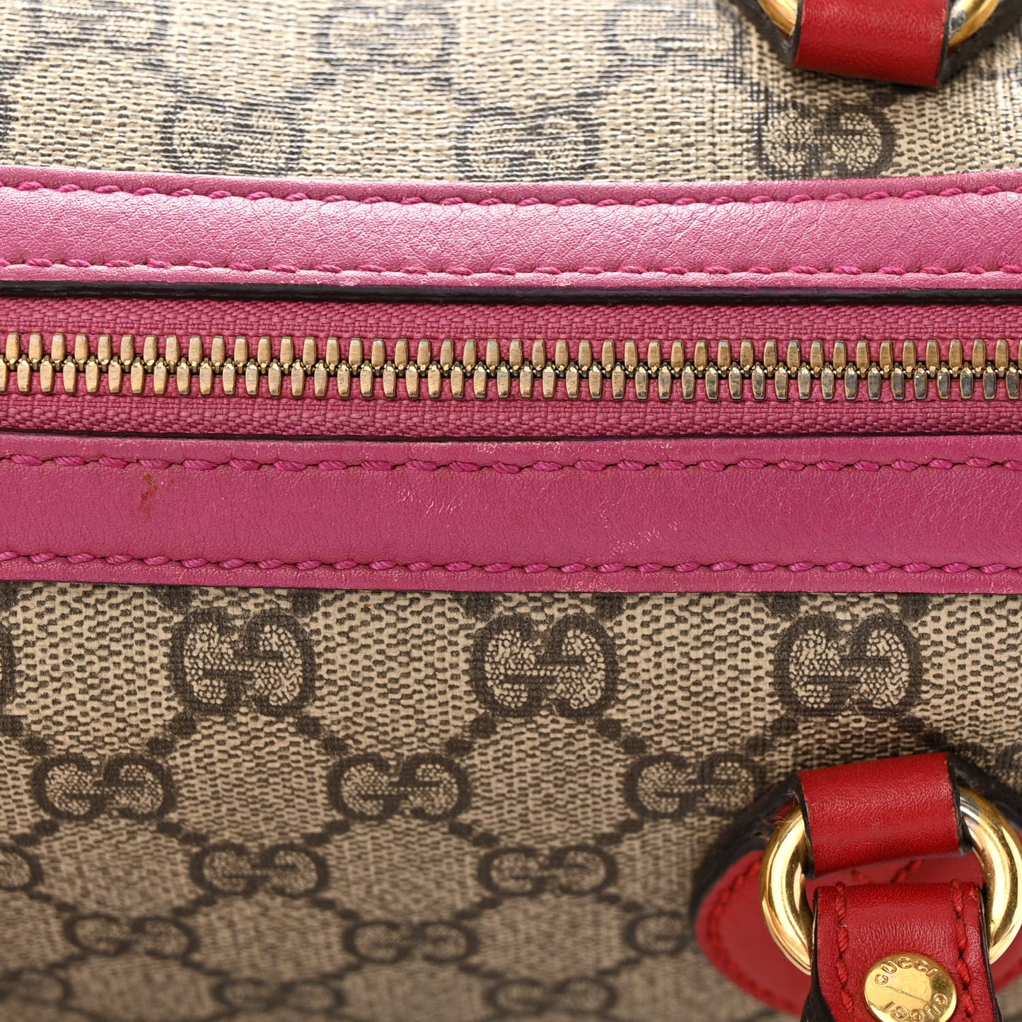 GG Supreme Monogram Moon Calfskin Small Boston Beige Ebony Hibiscus Red New Rosette