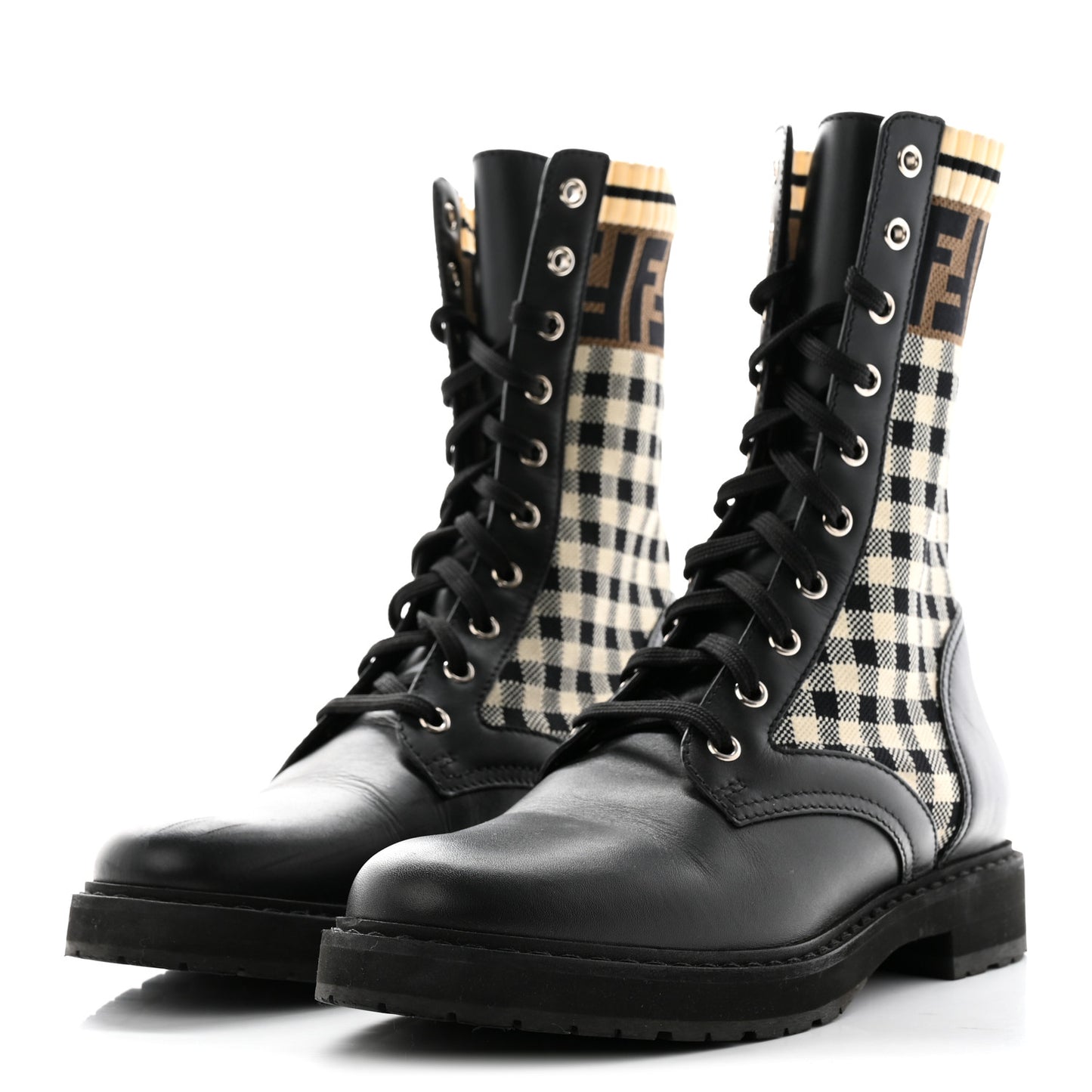 Vitello Stretch Fabric FF Vichy Rockoko Biker Boots 39 Black Crema Tobacco