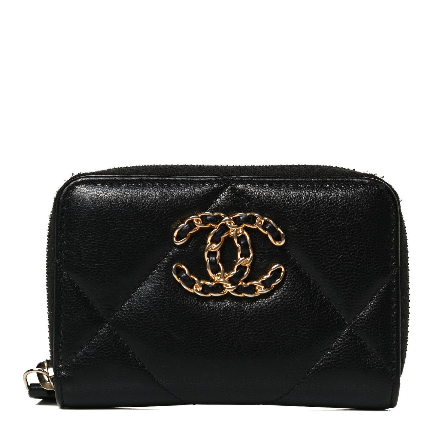 Shiny Goatskin Quilted Chanel 19 Zip Around Coin Purse Wallet Black