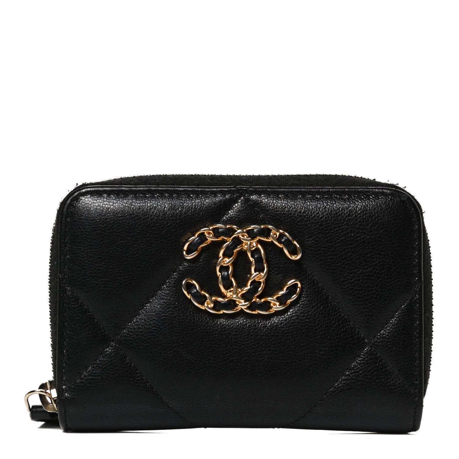 Chanel Shiny Goatskin Quilted Chanel 19 Zip Around Coin Purse Wallet Black 1 of 10