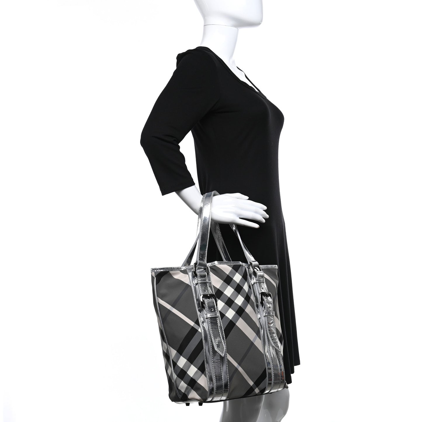 Metallic Calfskin Beat Check Tote Silver