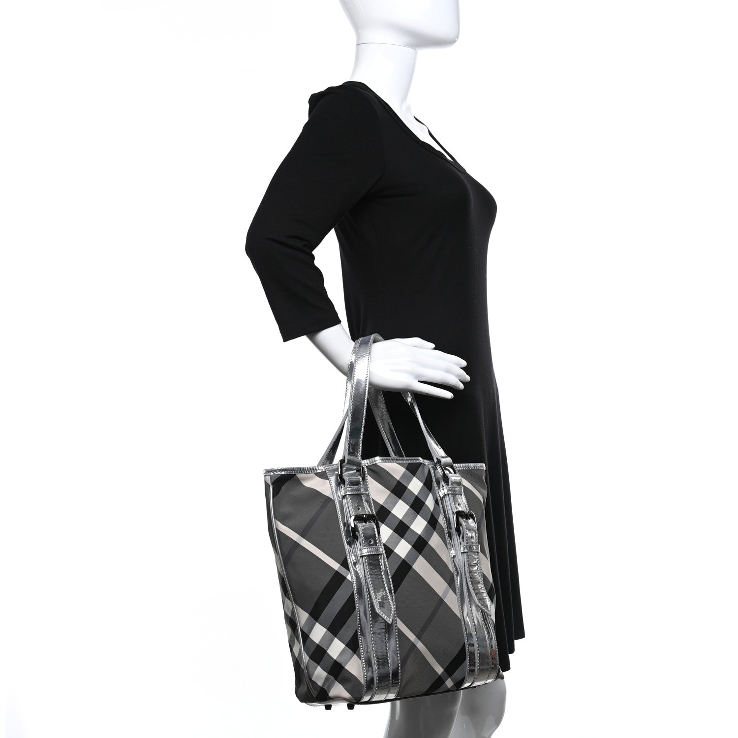 Burberry Metallic Calfskin Beat Check Tote Silver 2 of 7