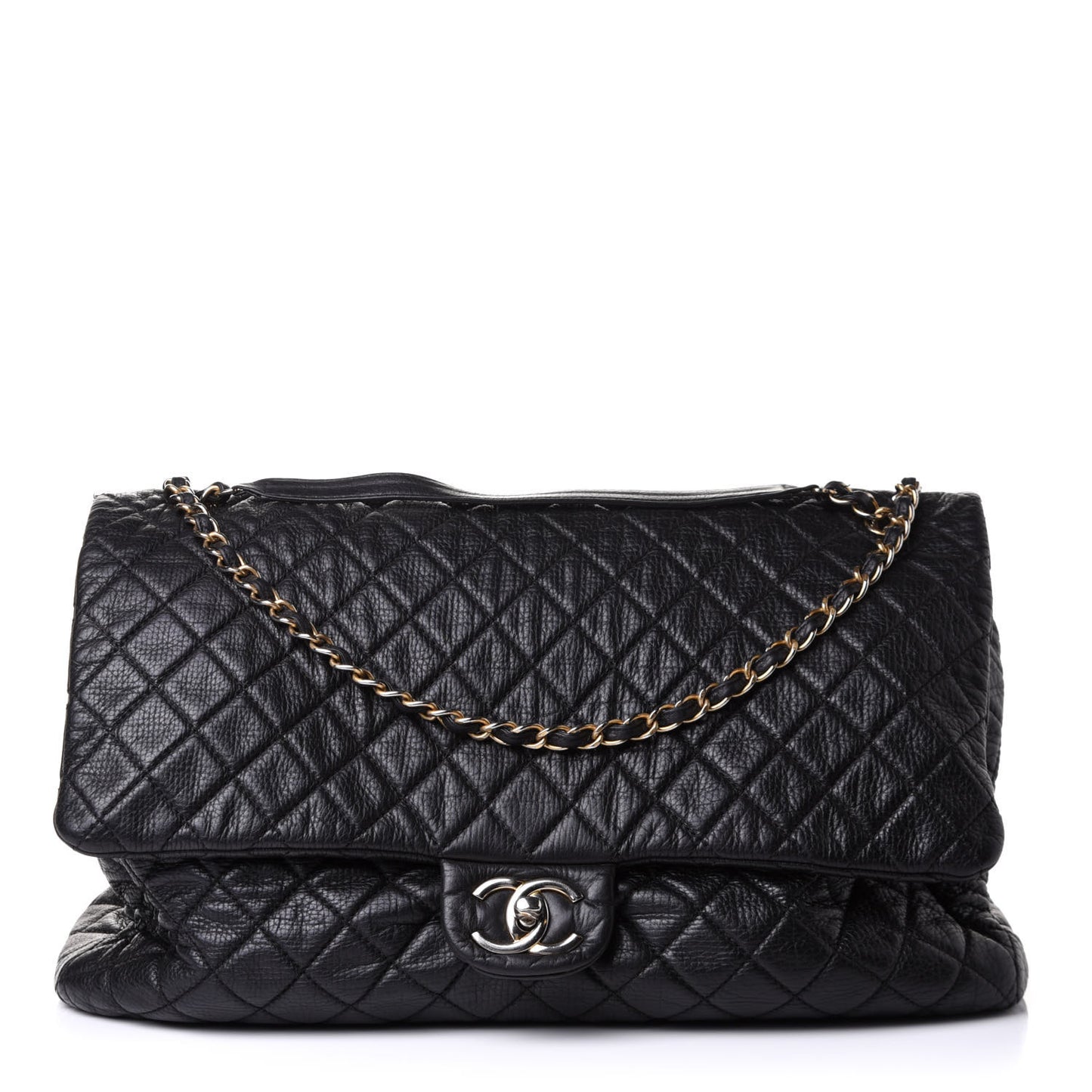 Calfskin Quilted XXL Travel Flap Bag Black