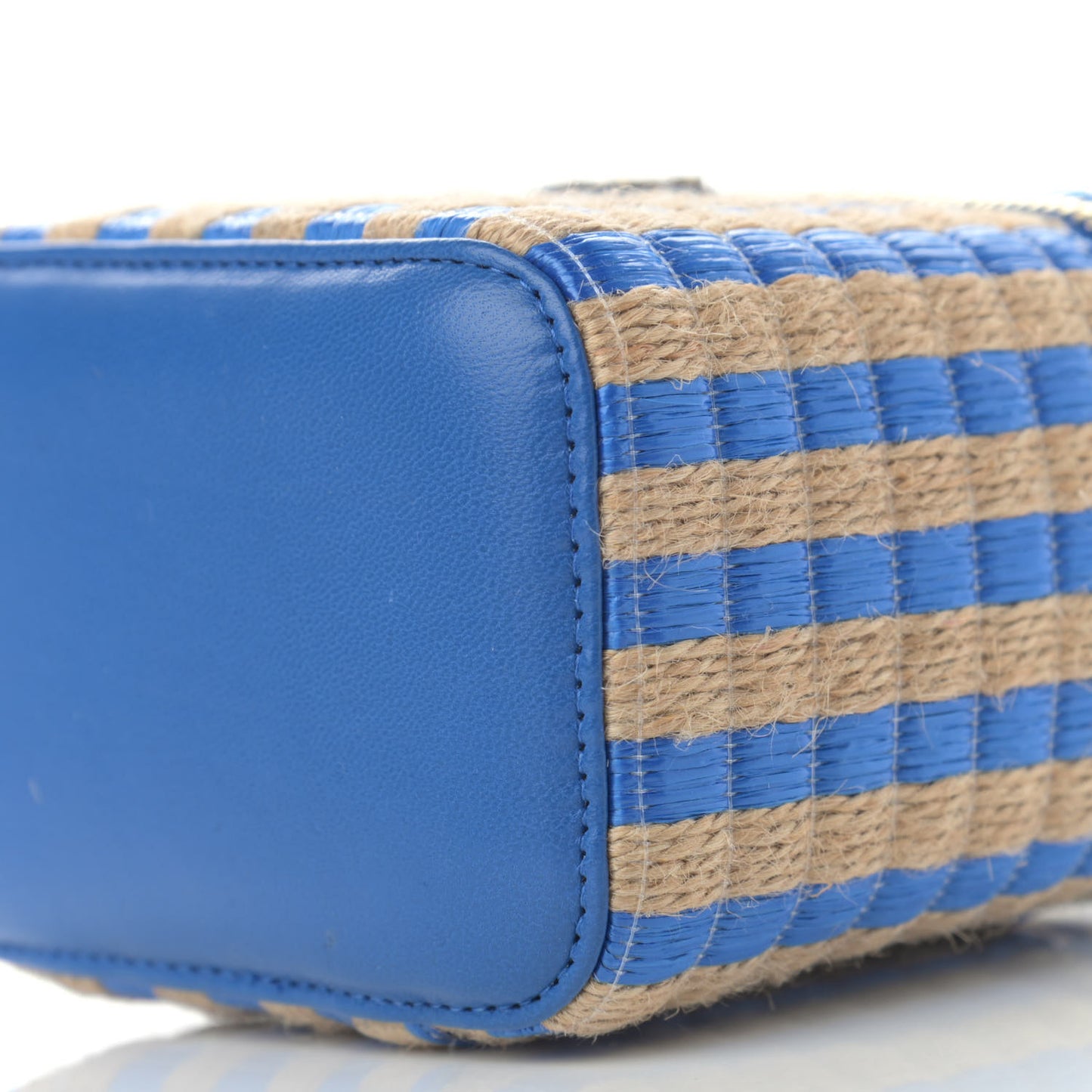 Raffia Jute Striped Mini Vanity Case With Chain Blue Beige