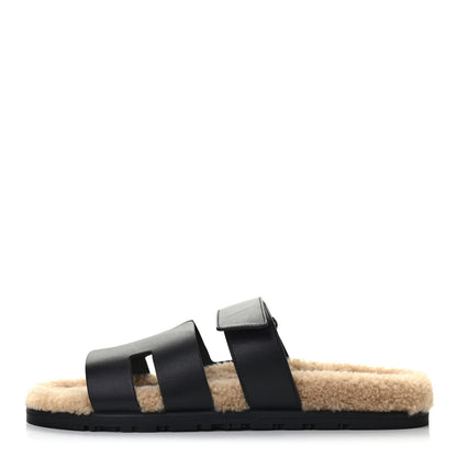 Hermes Veau Indios Woolskin Mens Chypre Sandals 42 Black Ecru 1 of 8