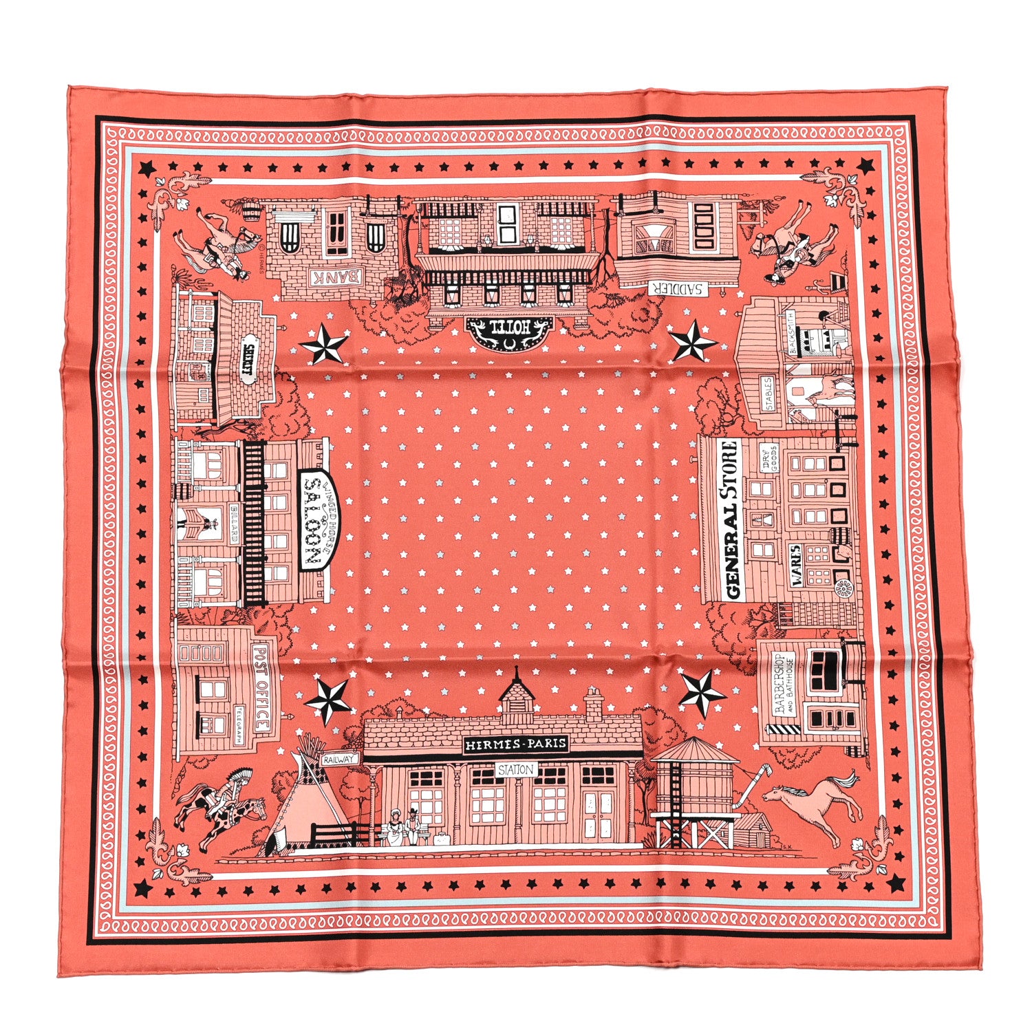 Hermes Silk Paris Station Bandana Scarf 55 Blush Bleu Gris Black 1 of 5